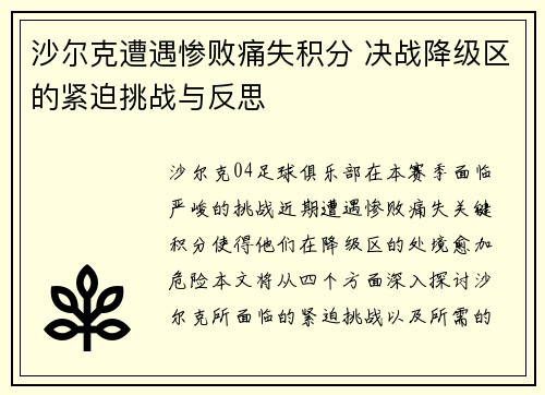 沙尔克遭遇惨败痛失积分 决战降级区的紧迫挑战与反思