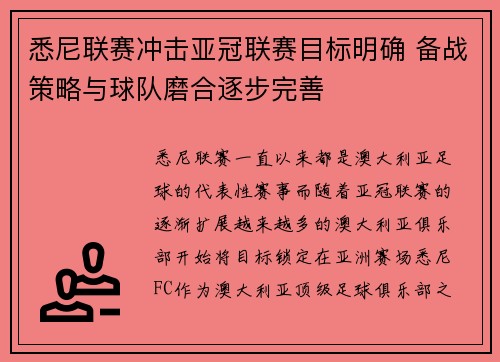 悉尼联赛冲击亚冠联赛目标明确 备战策略与球队磨合逐步完善