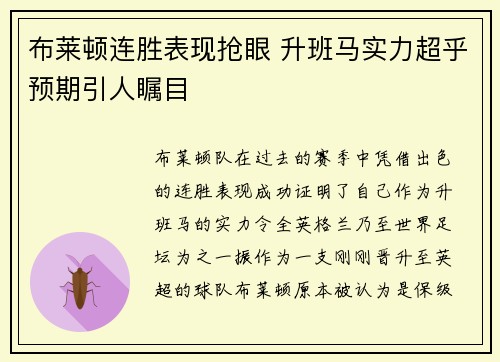 布莱顿连胜表现抢眼 升班马实力超乎预期引人瞩目