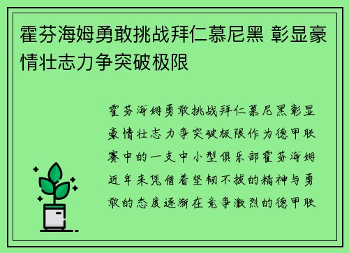 霍芬海姆勇敢挑战拜仁慕尼黑 彰显豪情壮志力争突破极限