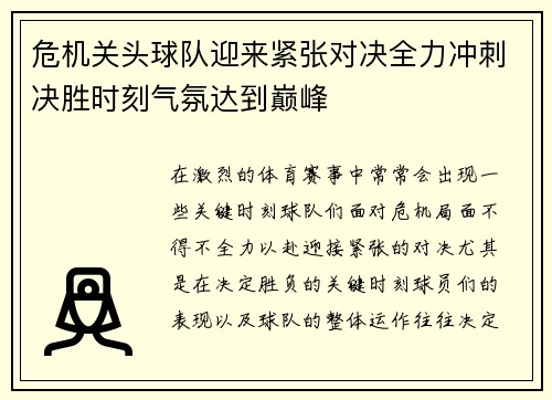 危机关头球队迎来紧张对决全力冲刺决胜时刻气氛达到巅峰