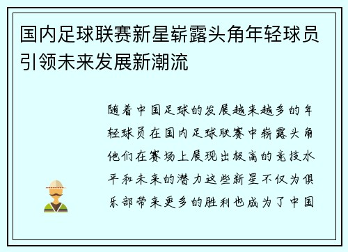 国内足球联赛新星崭露头角年轻球员引领未来发展新潮流