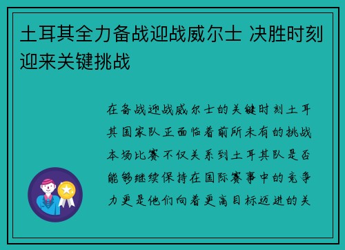 土耳其全力备战迎战威尔士 决胜时刻迎来关键挑战
