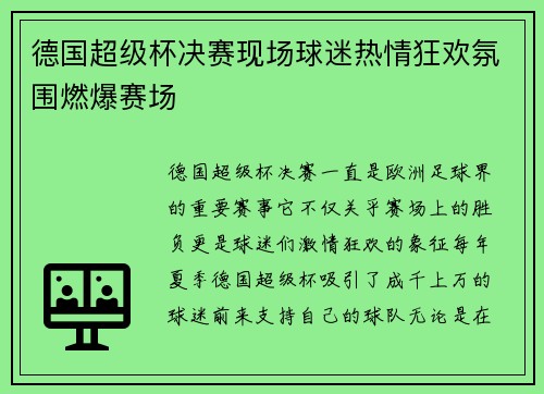德国超级杯决赛现场球迷热情狂欢氛围燃爆赛场