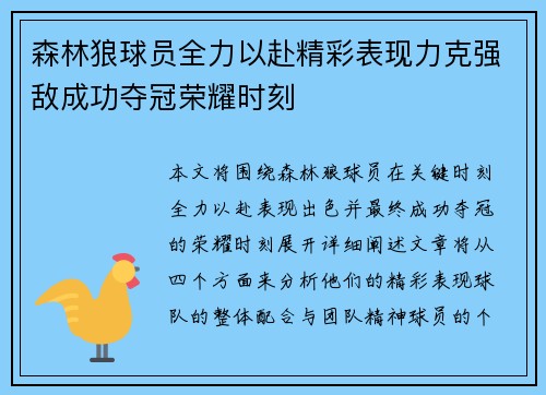 森林狼球员全力以赴精彩表现力克强敌成功夺冠荣耀时刻