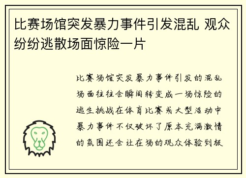 比赛场馆突发暴力事件引发混乱 观众纷纷逃散场面惊险一片