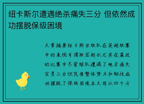 纽卡斯尔遭遇绝杀痛失三分 但依然成功摆脱保级困境