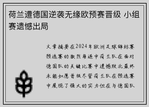 荷兰遭德国逆袭无缘欧预赛晋级 小组赛遗憾出局