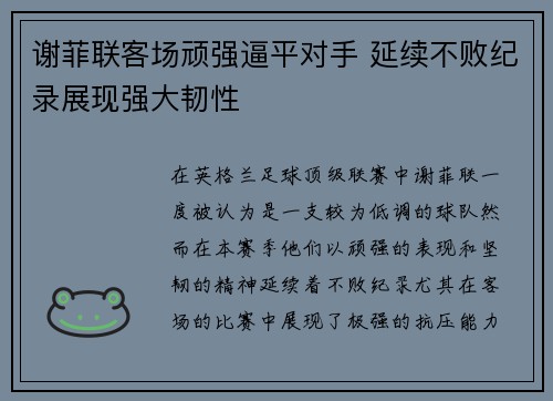 谢菲联客场顽强逼平对手 延续不败纪录展现强大韧性