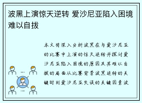 波黑上演惊天逆转 爱沙尼亚陷入困境难以自拔