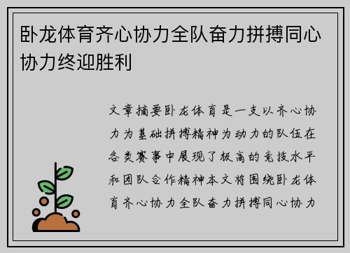 卧龙体育齐心协力全队奋力拼搏同心协力终迎胜利